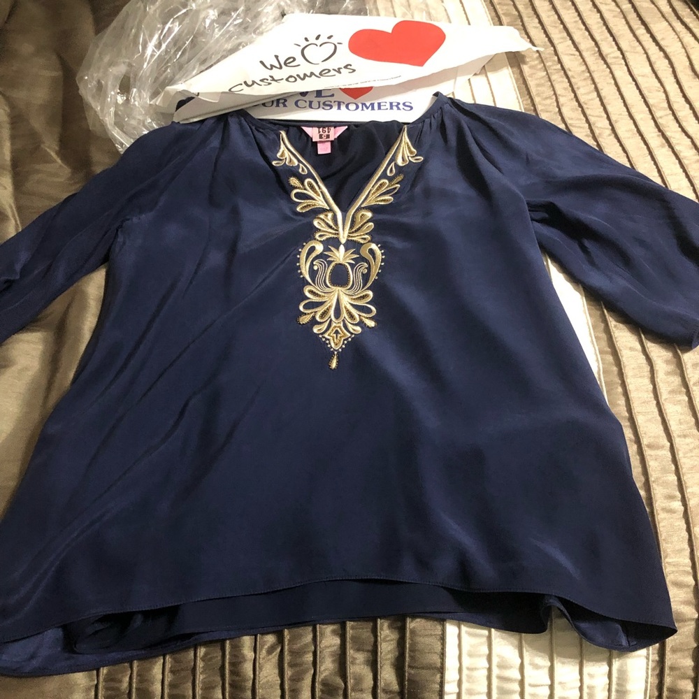 EUC Lilly Pulitzer Silk True Navy Gold Embroidered Silk Vent Sleeve Blouse Top M - Picture 2 of 6